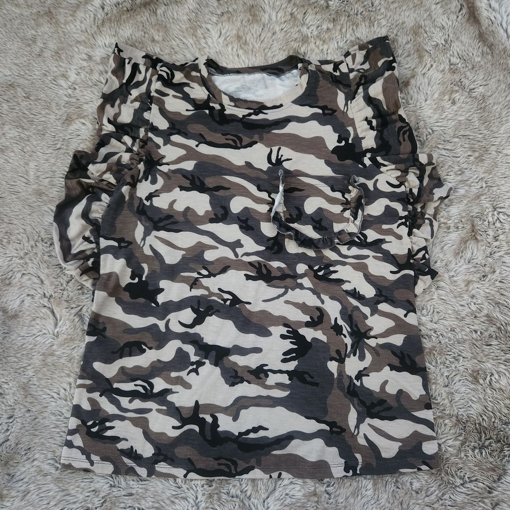 Camouflage Flutter Sleeve Blouse Unbranded Army Green Size Large